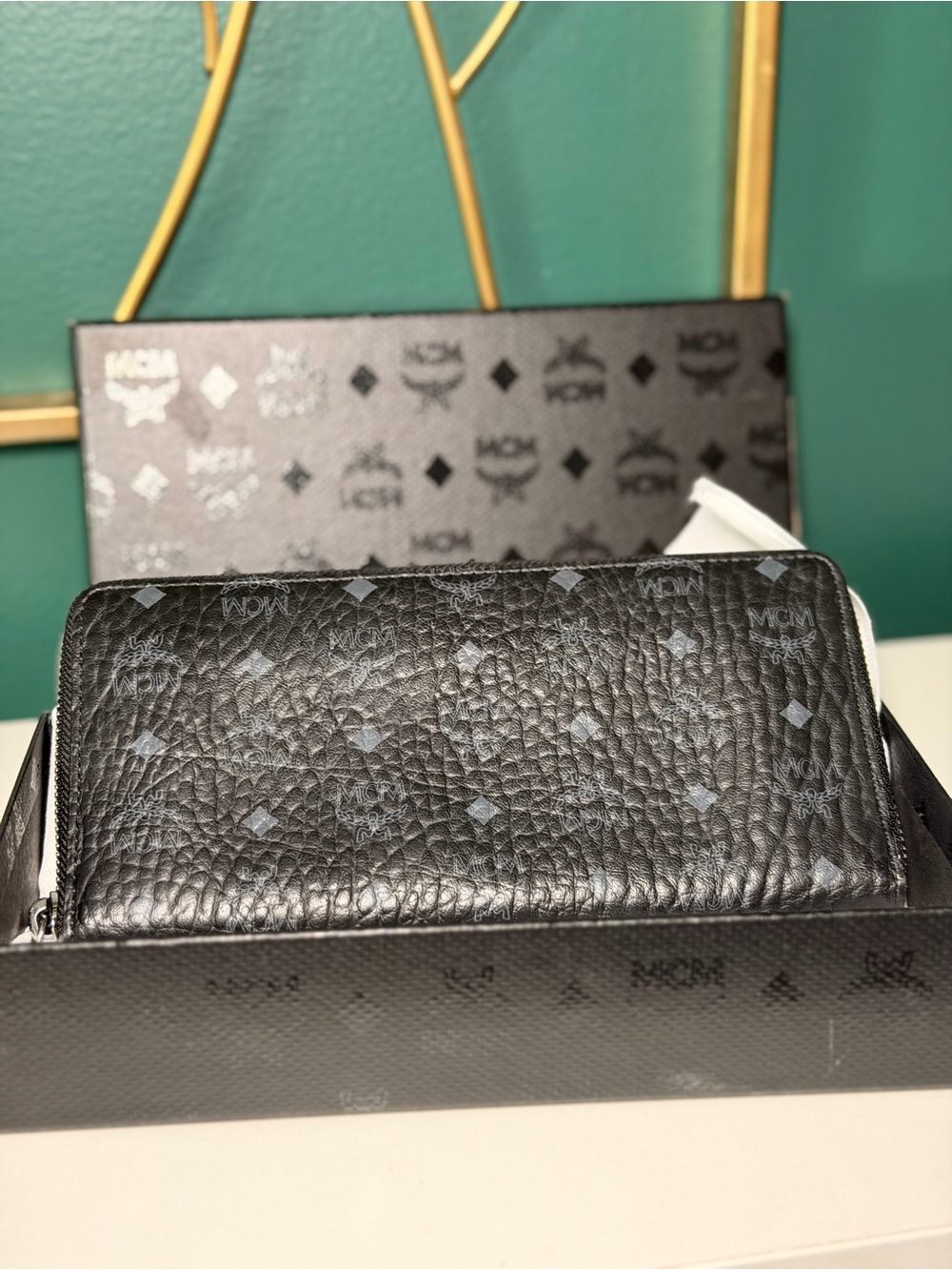 MCM Black Visetos Zip Wallet